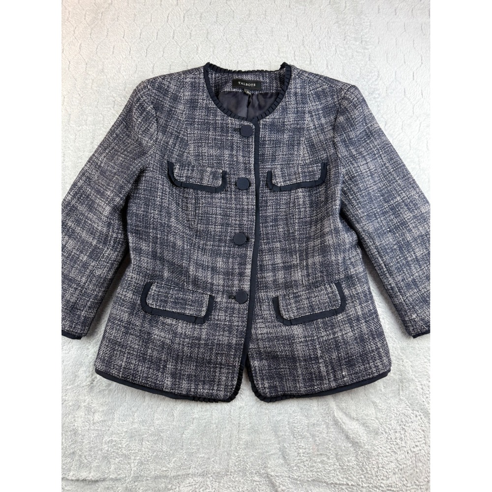 Talbots Women's Blue Gray Plaid Tweed Blazer Jacket Career Business